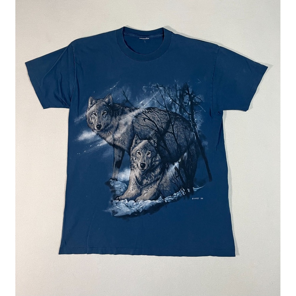 VTG 90s Natural Wonders Blue Wolves Print T-Shirt Large Single Stitch HNG 96'